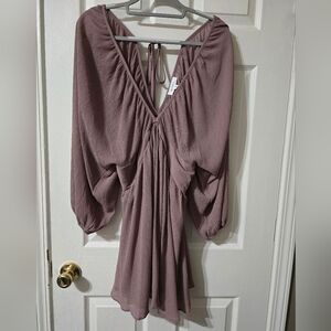 MABLE Balloon Sleeve Crepe Mini Dress in Mauve, Plunging Neck & Back, EUC!